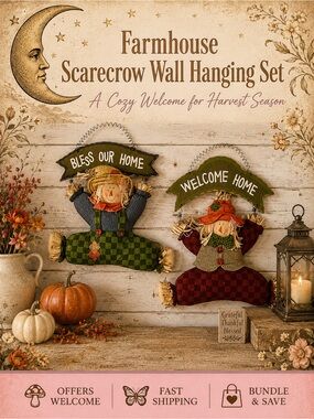 Farmhouse Scarecrow Wall Hanging Set Fall Harvest Decor NWT